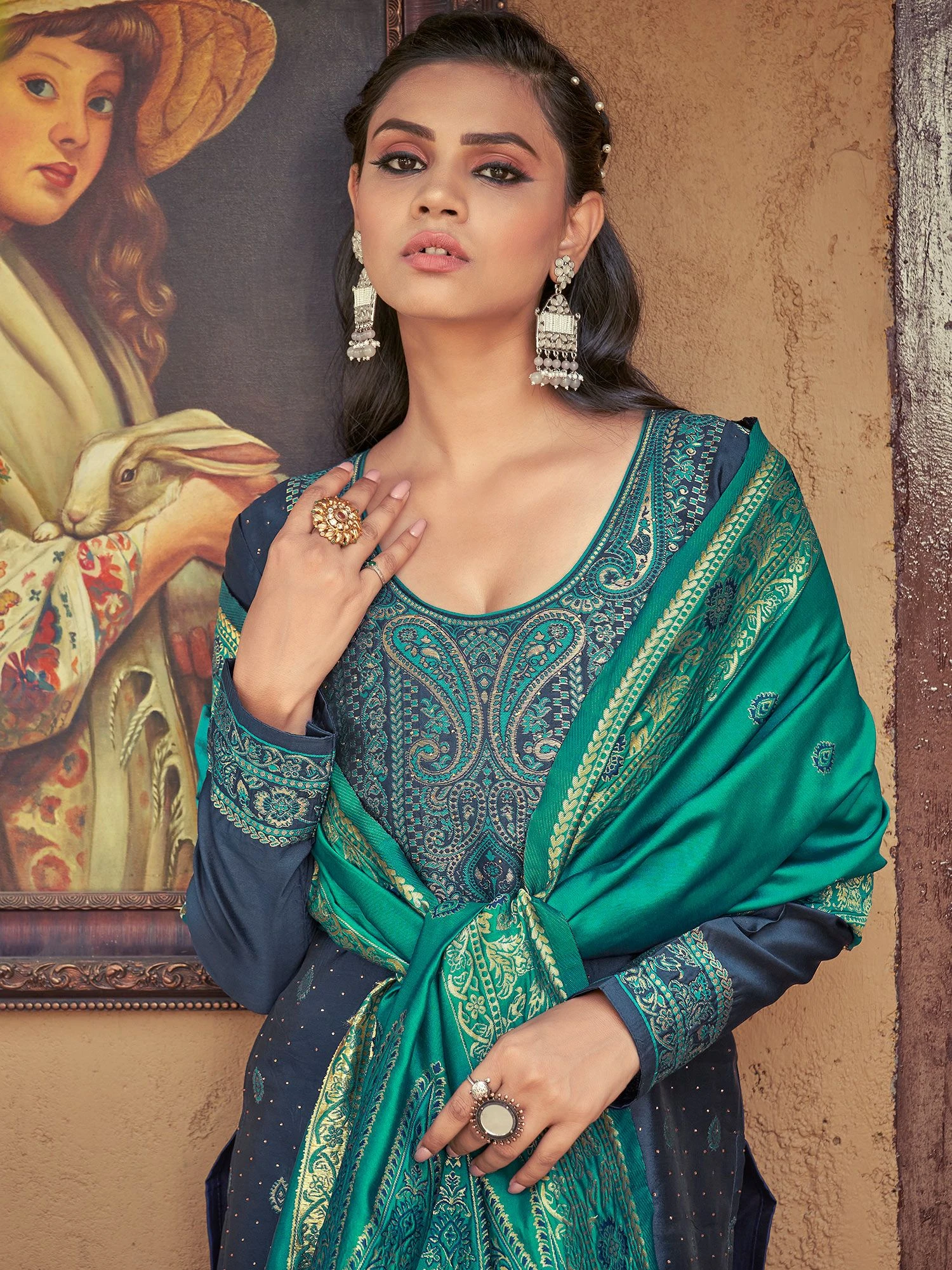 Blue Stones Embellished Banarasi Pant Suit With Dupatta 4 Blue Stones Embellished Banarasi Pant Suit With Dupatta - Image 2