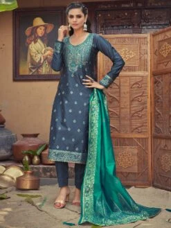 Blue Stones Embellished Banarasi Pant Suit With Dupatta