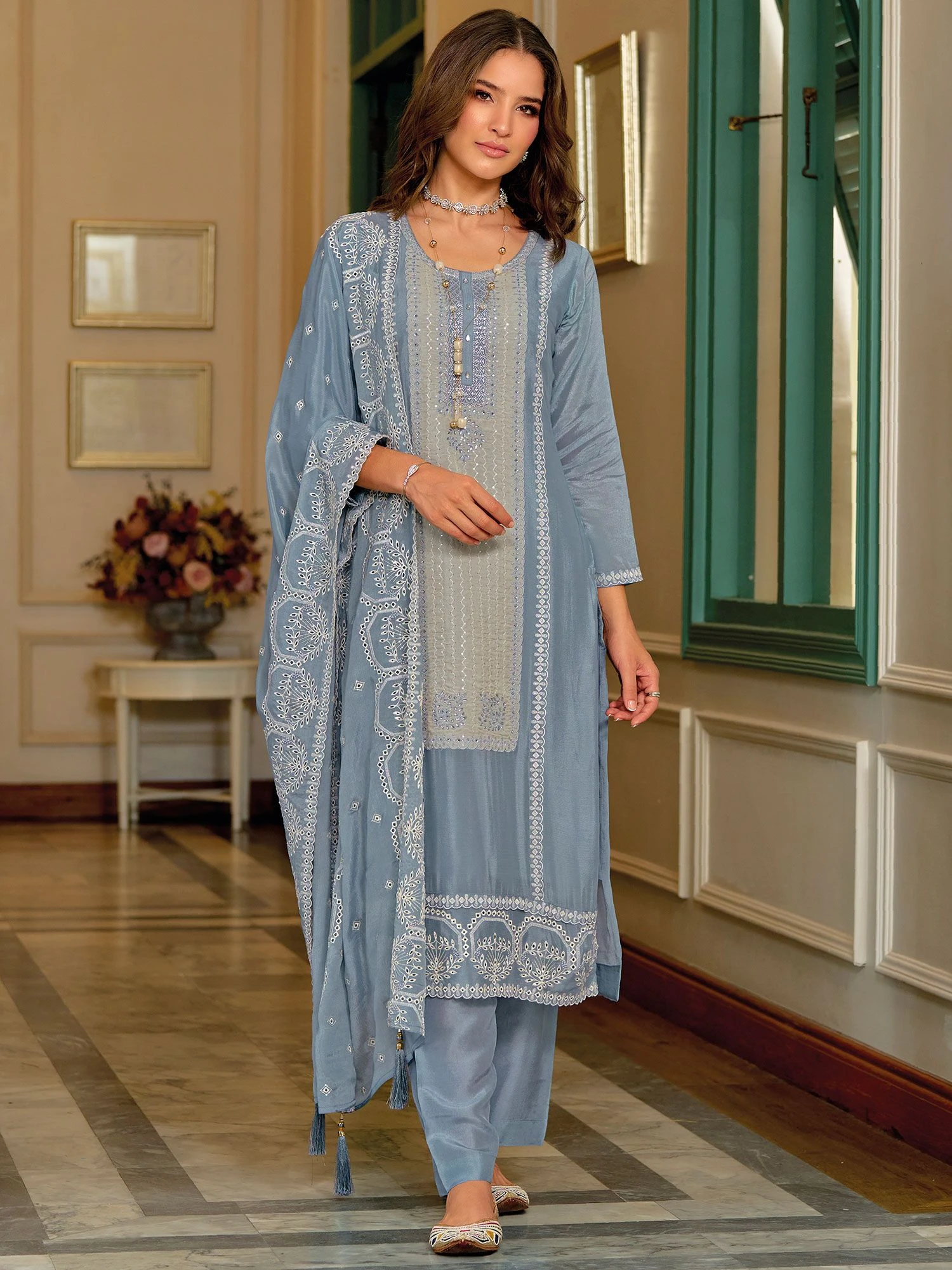 Blue Pant Style Suit With Floral Embroidered Dupatta 3 Blue Pant Style Suit With Floral Embroidered Dupatta