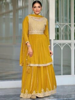 Yellow Silk Suit Set In Sharara Style With Dupatta