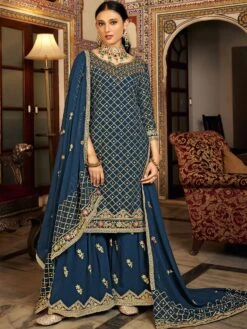 Blue Sequins Embellished Salwar Kameez With Sharara Style