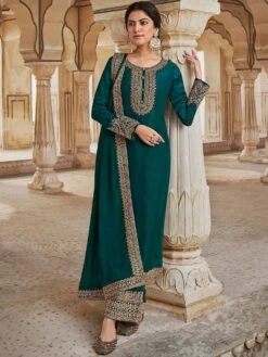 Green Zari Embroidered Palazzo Suit In Art Silk