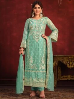 Turquoise Stone Embellished Pant Style Suit