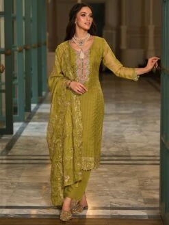 Green Thread Work Pant Style Suit In Organza