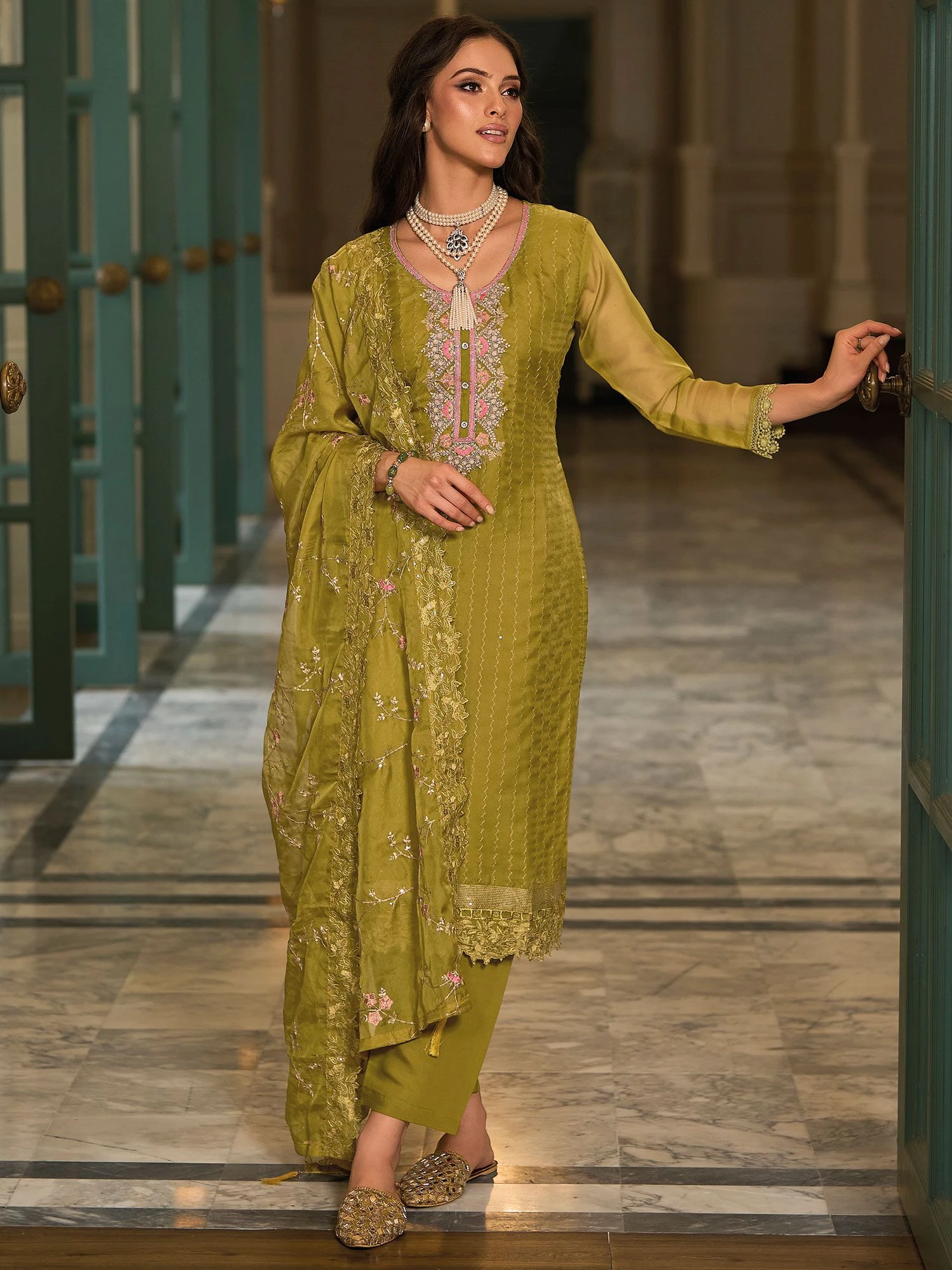 Green Thread Work Pant Style Suit In Organza 3 Green Thread Work Pant Style Suit In Organza