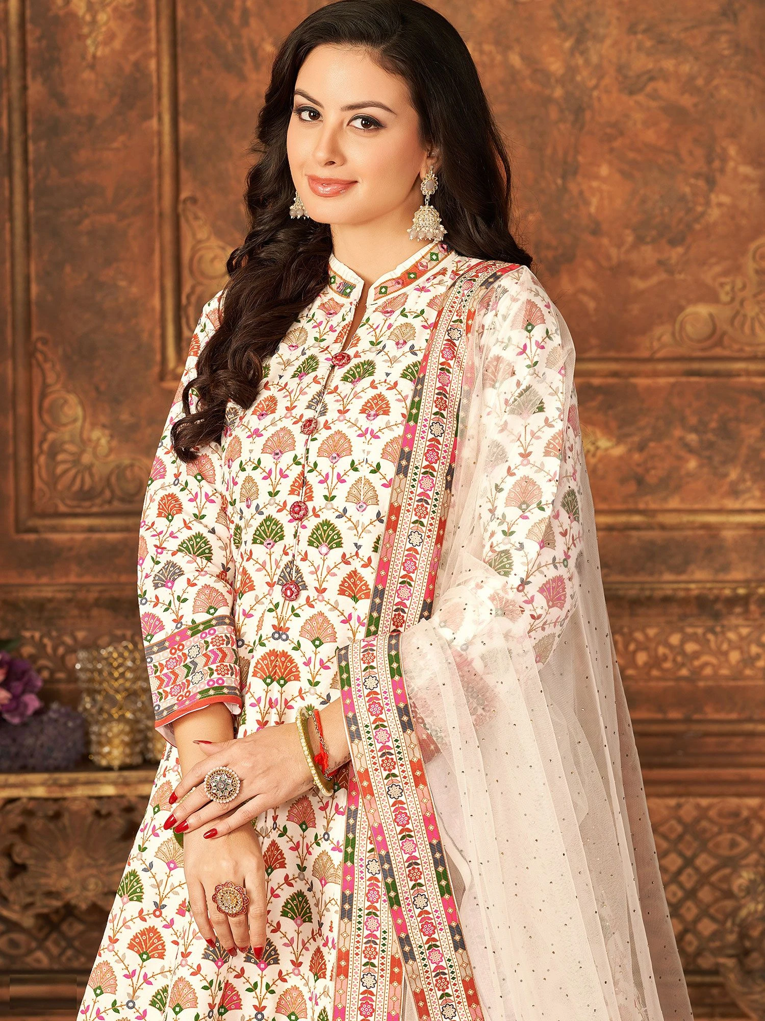 White Printed Anarkali Suit With Net Dupatta 4 White Printed Anarkali Suit With Net Dupatta - Image 2