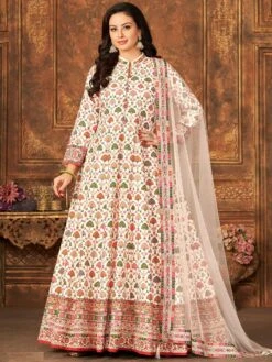 White Printed Anarkali Suit With Net Dupatta