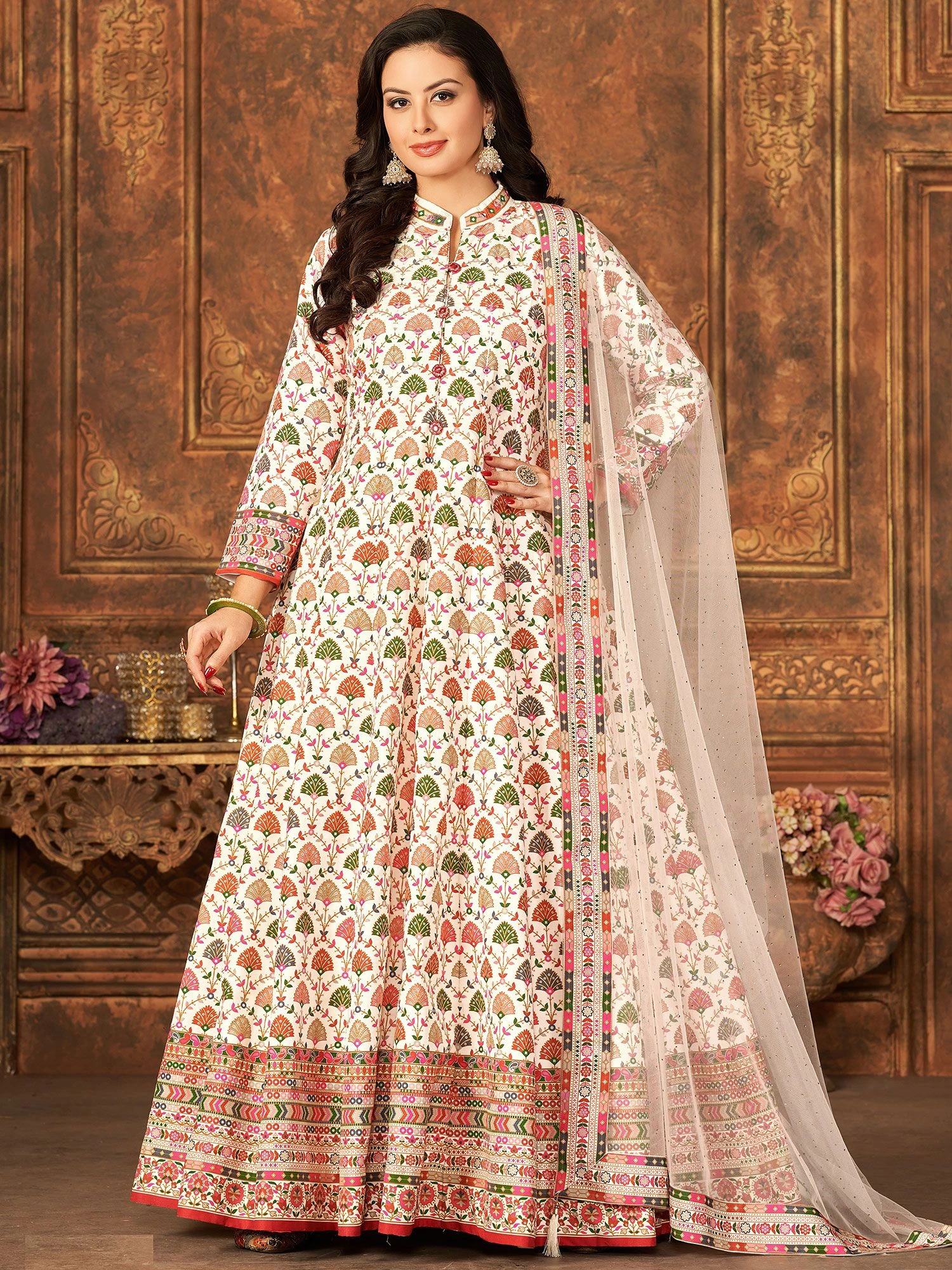 White Printed Anarkali Suit With Net Dupatta 3 White Printed Anarkali Suit With Net Dupatta
