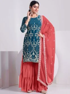 Blue Thread Work Kurta With Sharara Bottom