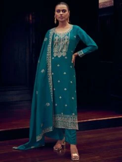 Blue Silk Salwar Suit In Thread Work With Palazzo