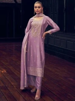 Purple Silk Salwar Kameez With Palazzo In Thread Work