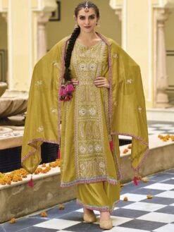 Olive Green Silk Salwar Suit In Stone Work