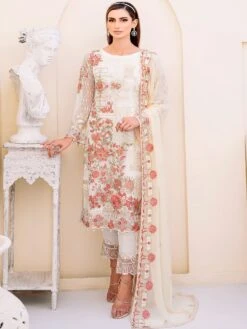 White Floral Embroidered Pant Style Suit