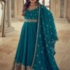 Teal Blue Anarkali Style Suit In Silk With Zari Work