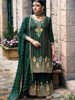 Dark Green Palazzo Style Suit In Zari Embroidery