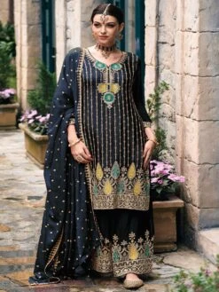 Denim Blue Chinon Salwar Kameez With Palazzo