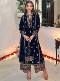 Navy Blue Zari Work Decorated Suit In Velvet