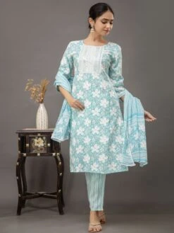 Blue Floral Printed Salwar Kameez In Cotton