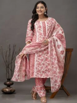 Salmon Pink Printed Cotton Salwar Suit In Casual Wear