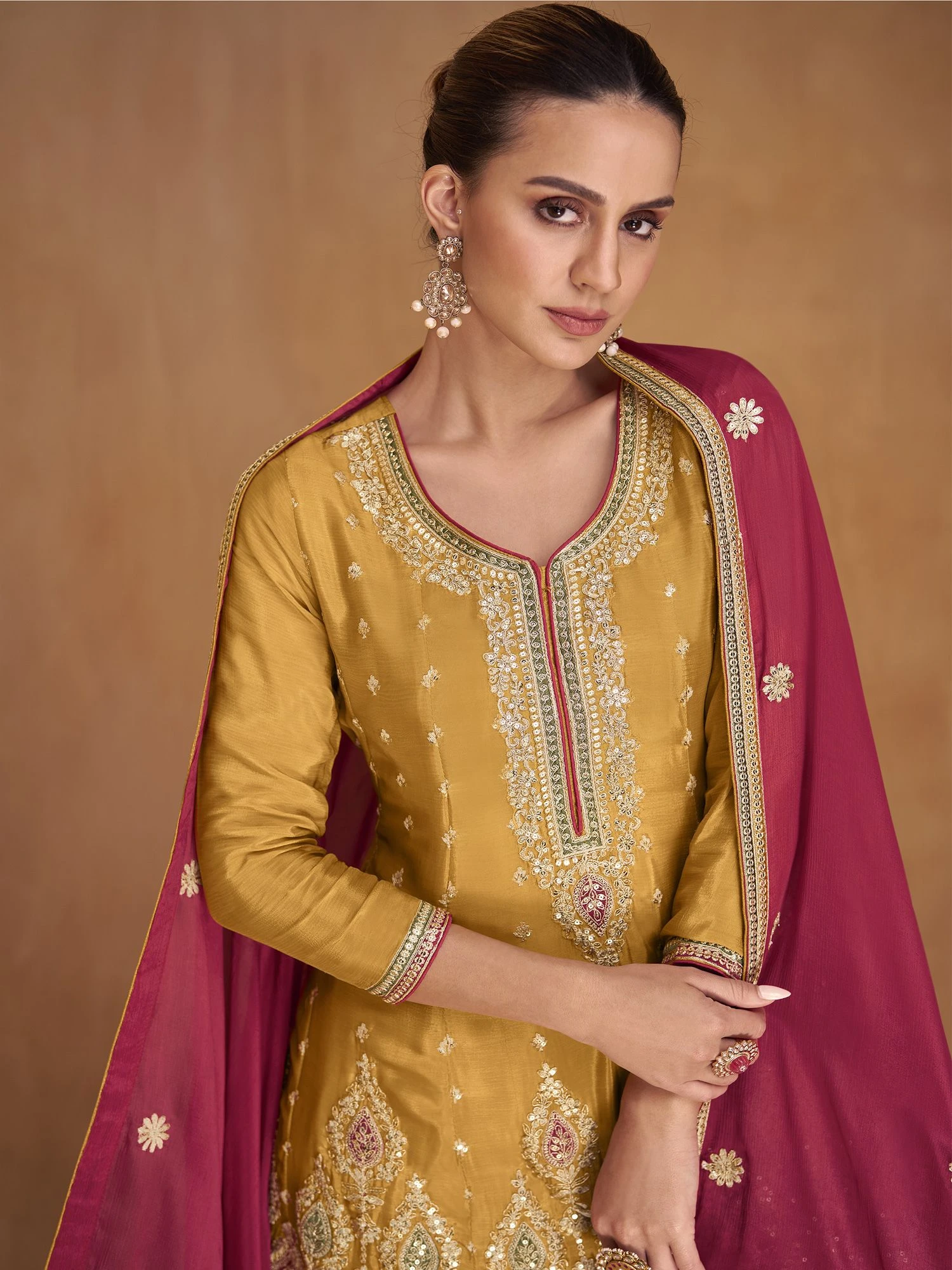 Yellow Sharara Style Salwar Kameez In Chinon 4 Yellow Sharara Style Salwar Kameez In Chinon - Image 2