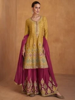 Yellow Sharara Style Salwar Kameez In Chinon