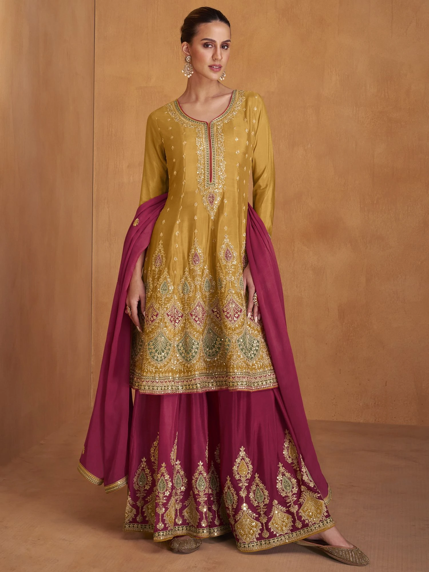 Yellow Sharara Style Salwar Kameez In Chinon 3 Yellow Sharara Style Salwar Kameez In Chinon