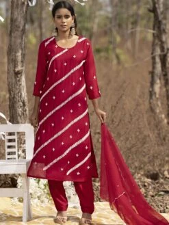 Red Pant Style Casual Readymade Salwar Suit In Cotton
