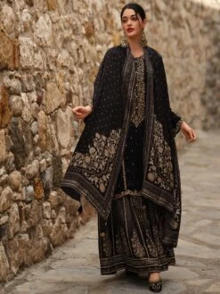 Black Sharara Style Party Salwar Suit In Zari Work