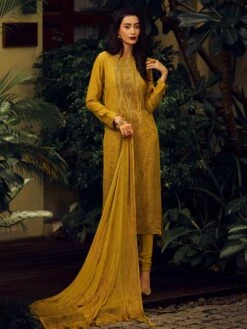 Yellow Pashmina Silk Salwar Kameez In Print