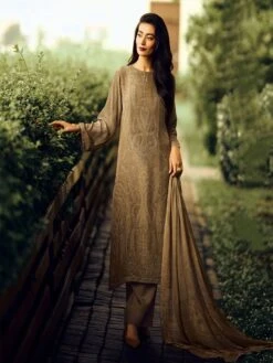 Beige Printed Pashmina Silk Salwar Suit In Paalzzo Style