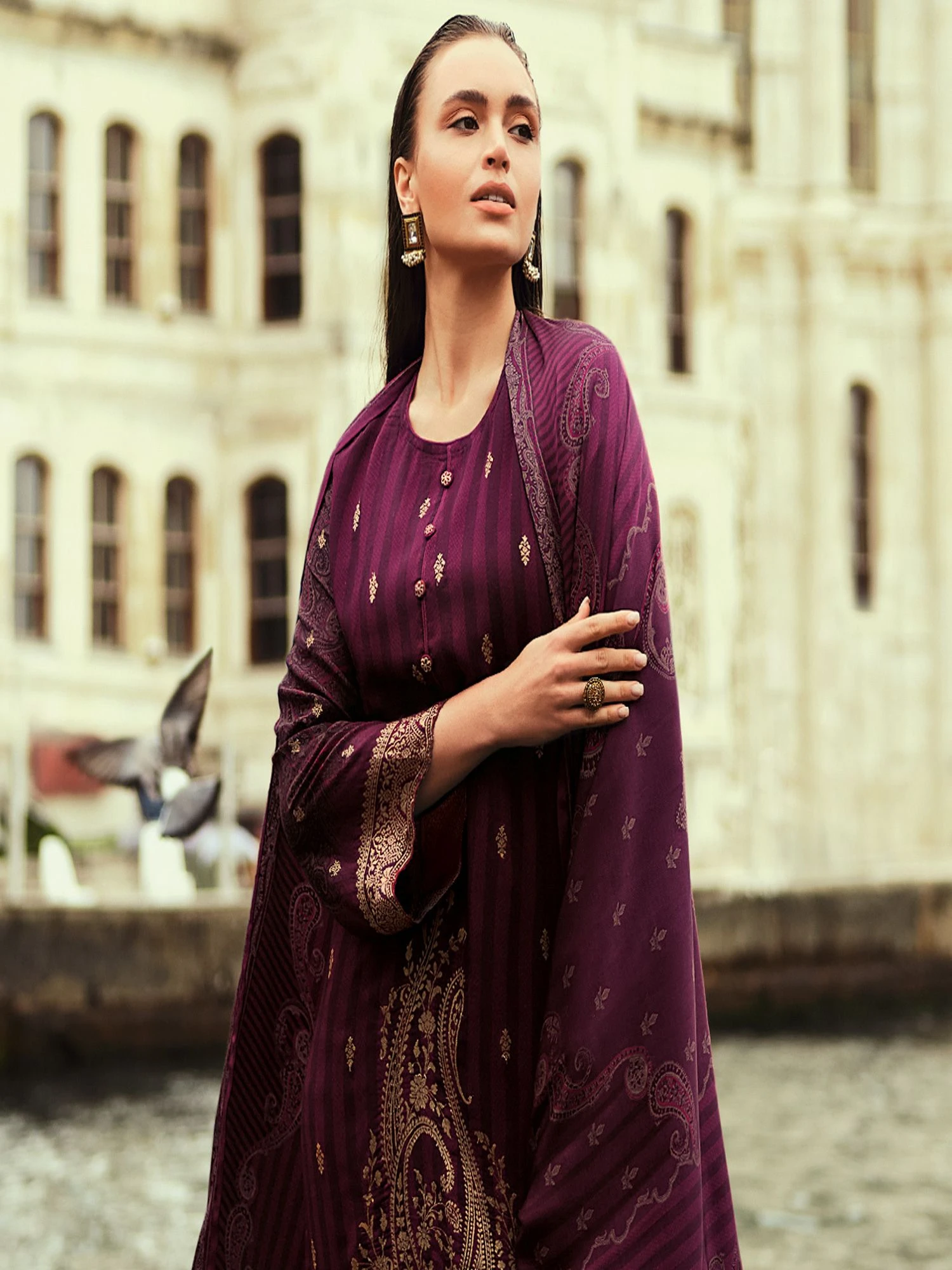 Wine Silk Woven Palazzo Style Festive Salwar Kameez 4 Wine Silk Woven Palazzo Style Festive Salwar Kameez - Image 2