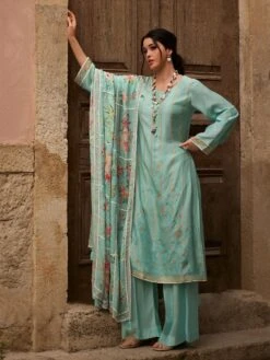 Sky Blue Floral Printed Palazzo Style Salwar Suit