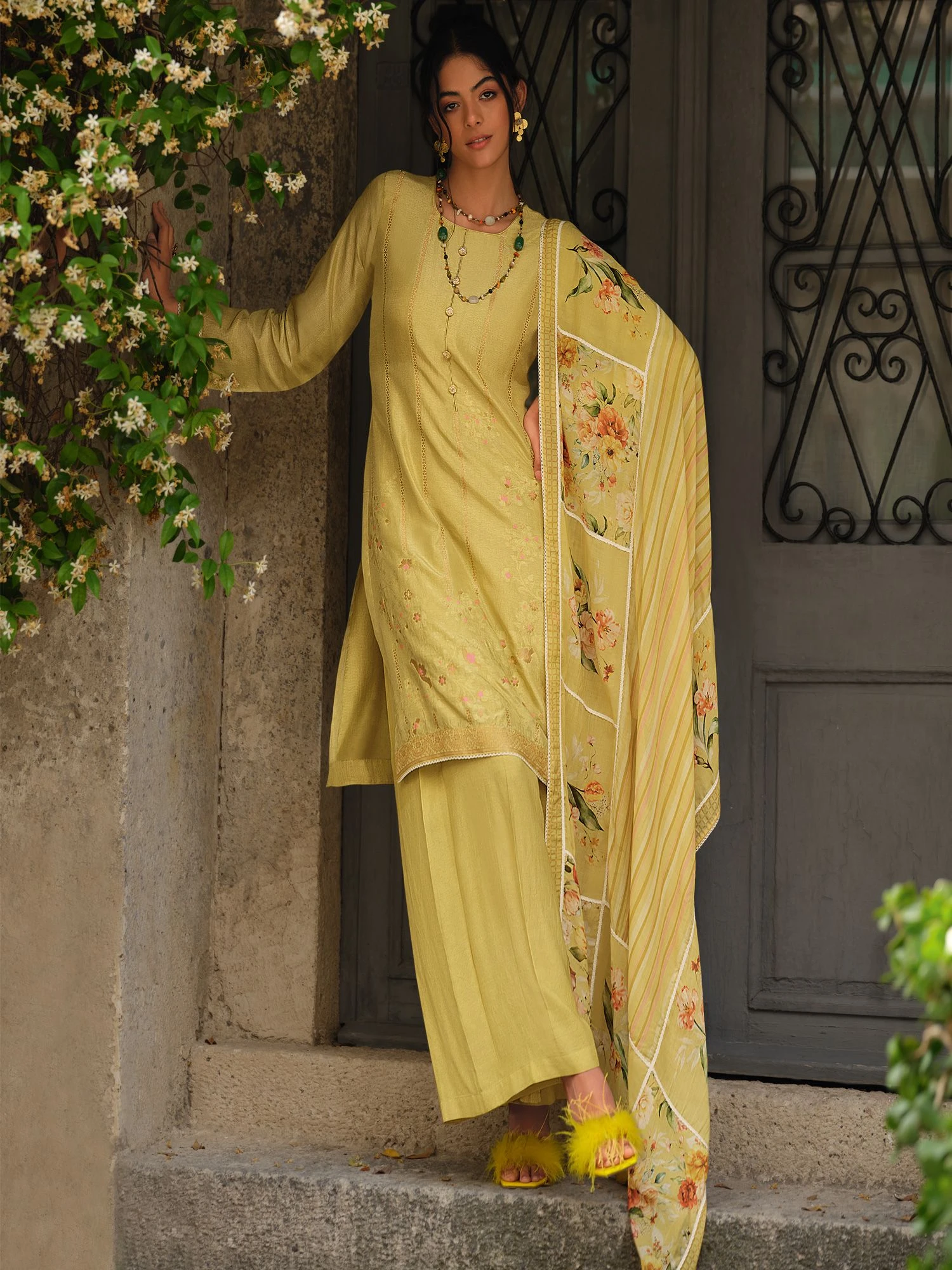 Yellow Palazzo Style Floral Printed Salwar Kameez 3 Yellow Palazzo Style Floral Printed Salwar Kameez