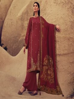 Red Palazzo Styled Salwar Kameez In Silk Weaving