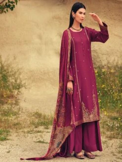 Magenta Printed Salwar Kameez In Silk With Palazzo