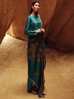 Teal Blue Floral Woven Salwar Suit In Silk With Palazzo