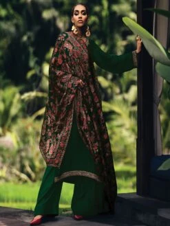 Green Thread Work Augmented Cotton Palazzo Suit
