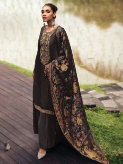 Grey Cotton Salwar Suit With Palazzo Style In Floral Work