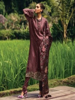 Wine Cotton Salwar Kameez With Floral Printed Dupatta