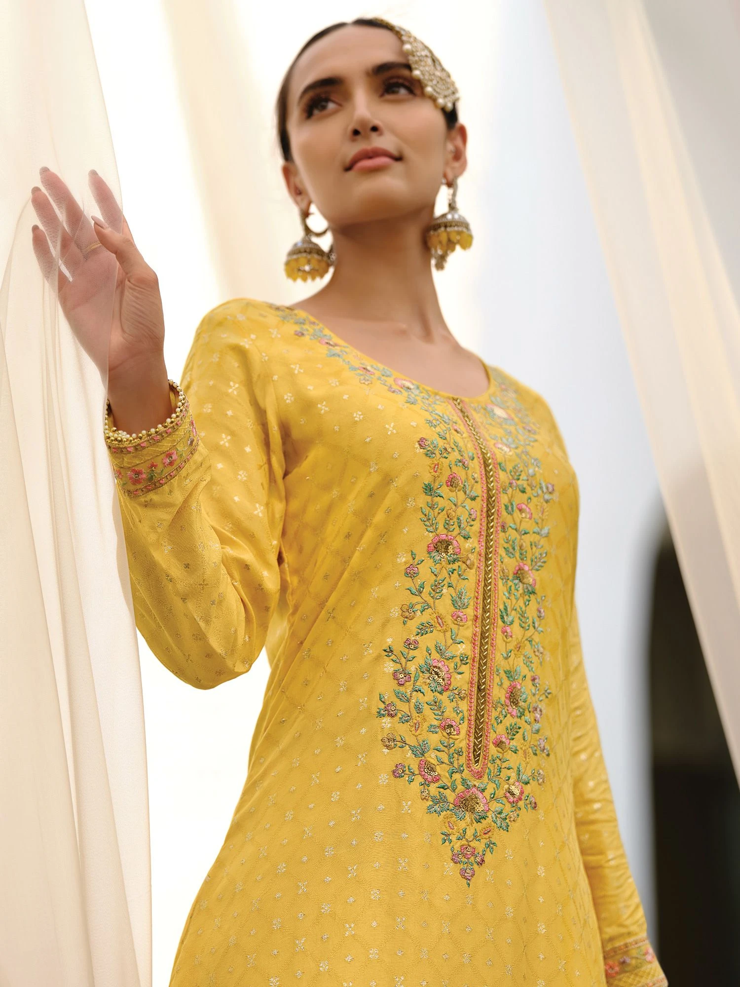Yellow Silk Weaving Pant Style Suit With Lace Bordered 4 Yellow Silk Weaving Pant Style Suit With Lace Bordered - Image 2