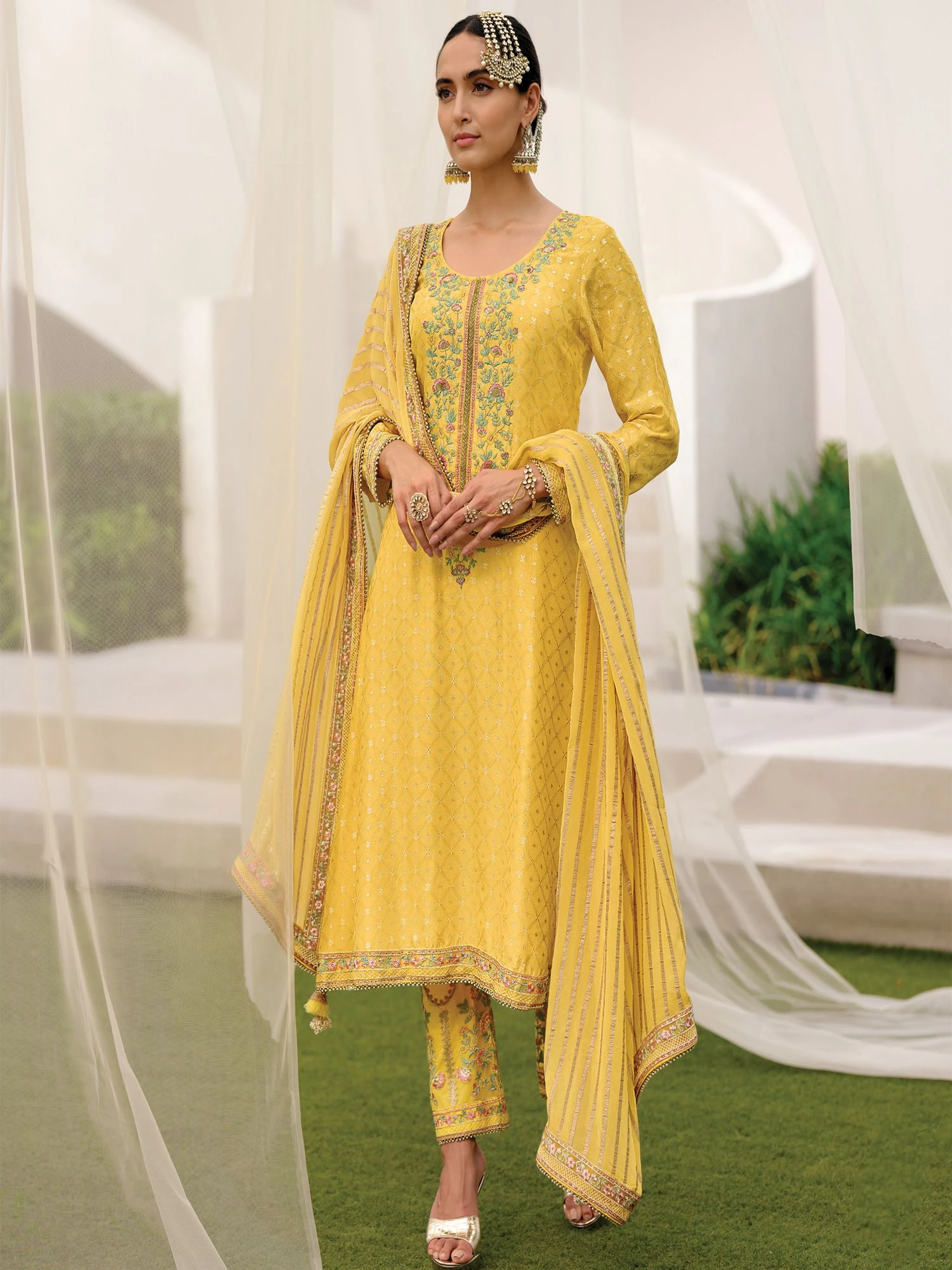 Yellow Silk Weaving Pant Style Suit With Lace Bordered 3 Yellow Silk Weaving Pant Style Suit With Lace Bordered