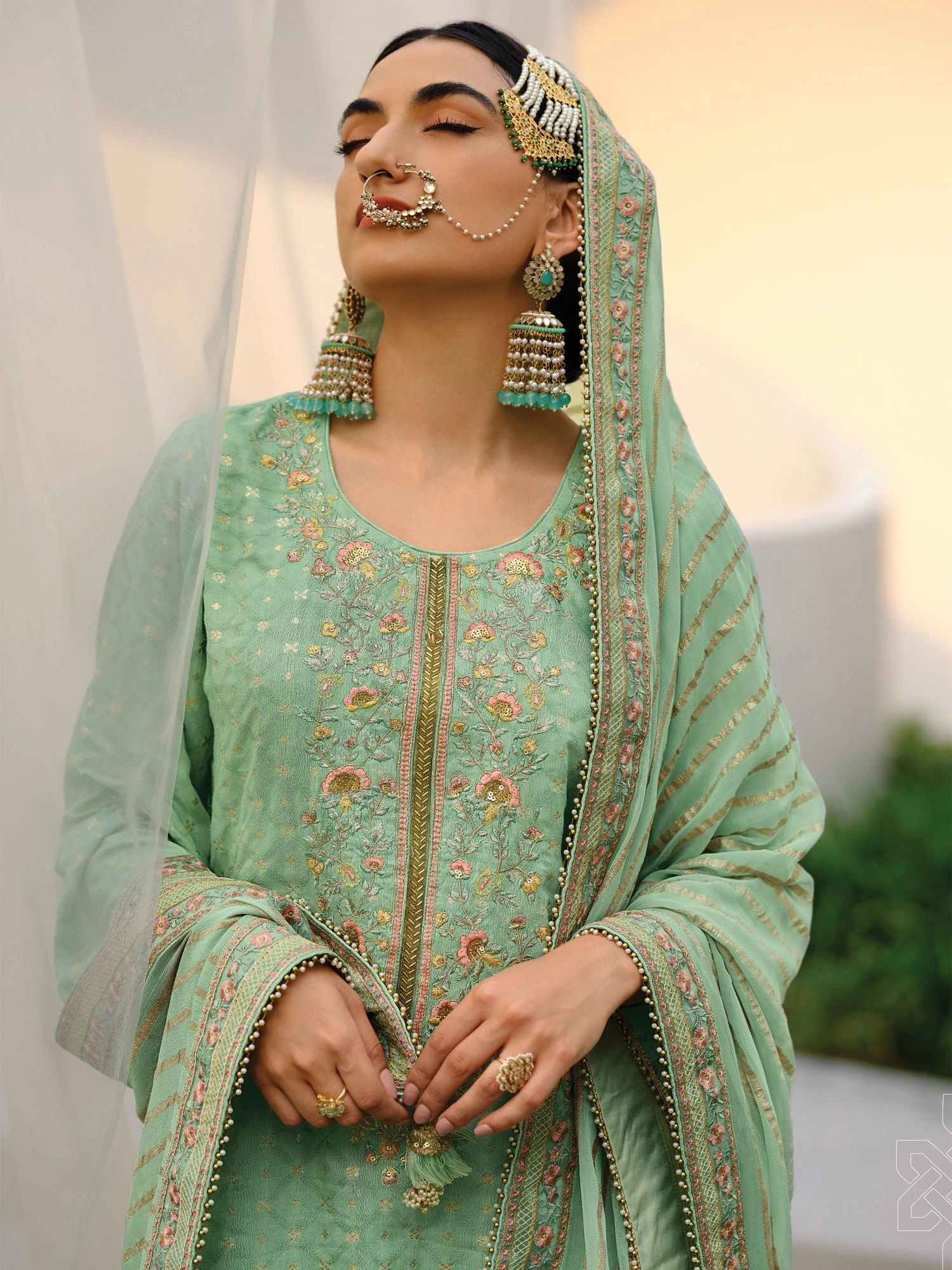 Green Silk Sharara Salwar Suit In Floral Thread Work 4 Green Silk Sharara Salwar Suit In Floral Thread Work - Image 2
