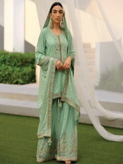 Green Silk Sharara Salwar Suit In Floral Thread Work