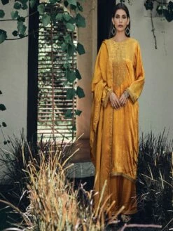 Yellow Palazzo Style Velvet Salwar Kameez In Print Work