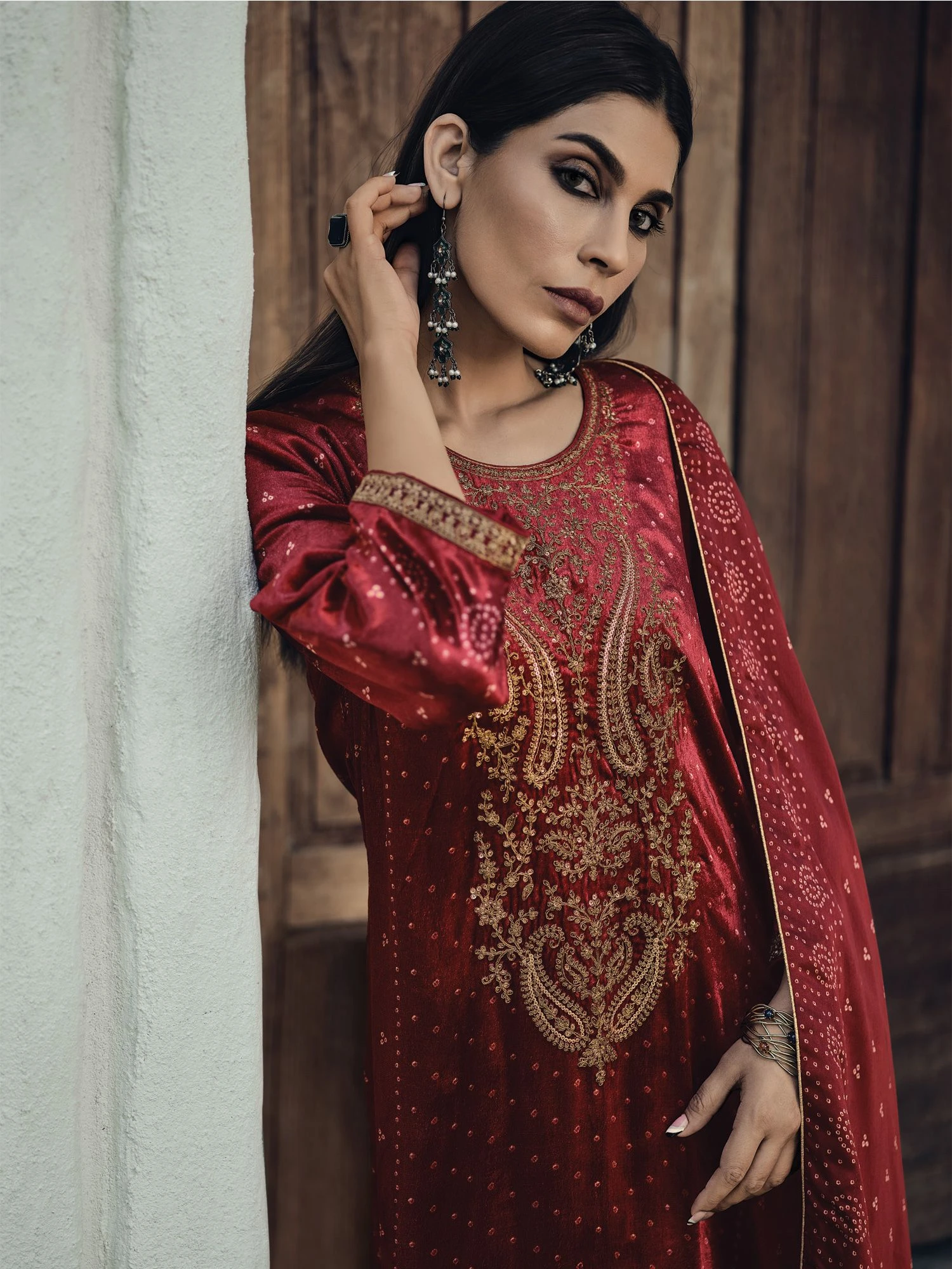 Maroon Bandhej Printed Palazzo Styled Suit In Velvet 4 Maroon Bandhej Printed Palazzo Styled Suit In Velvet - Image 2