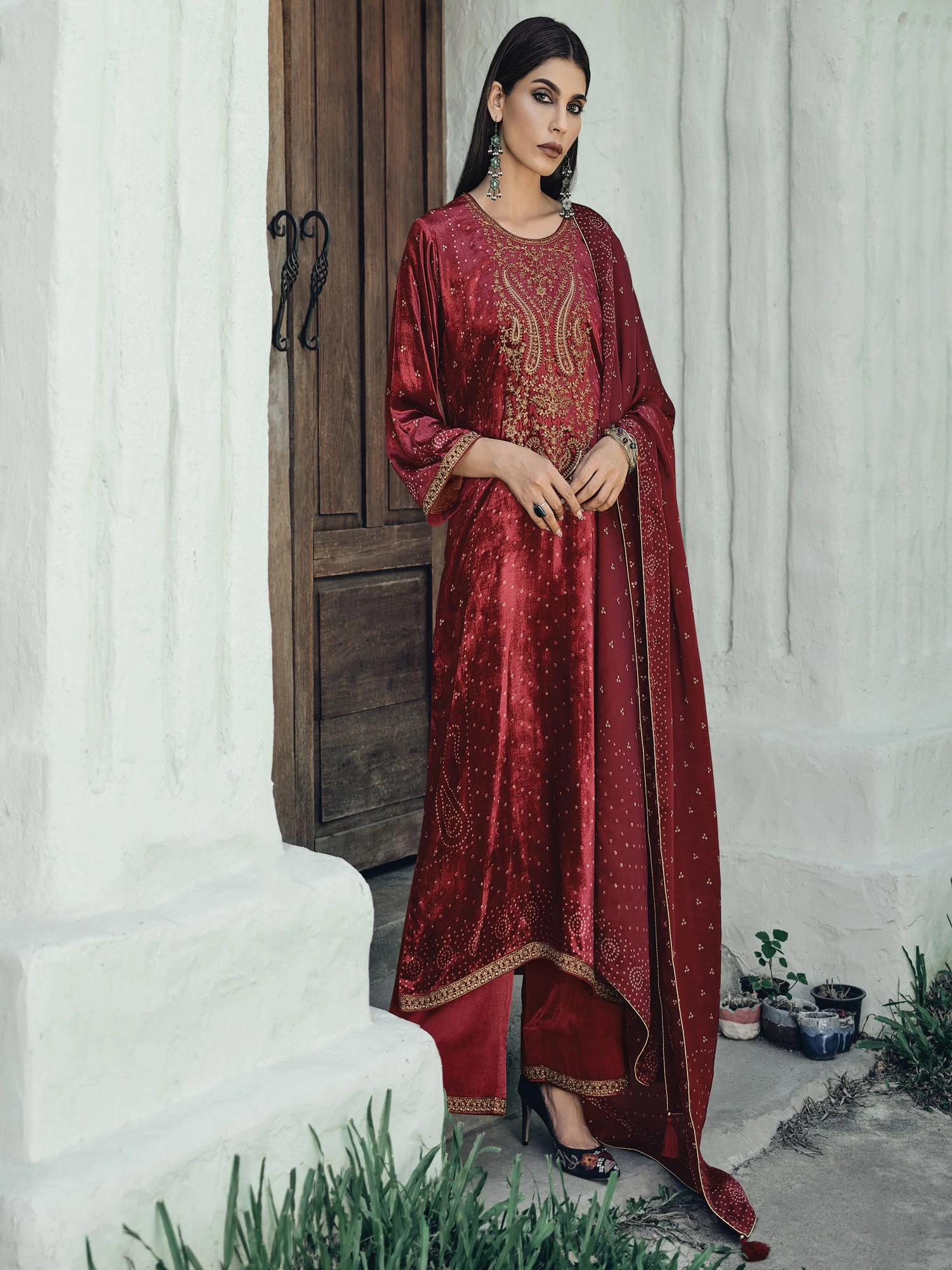 Maroon Bandhej Printed Palazzo Styled Suit In Velvet 3 Maroon Bandhej Printed Palazzo Styled Suit In Velvet