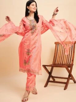 Pink Organza Floral Work Salwar Kameez With Palazzo Style
