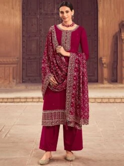 Rani Pink Zari Work Palazzo Suit In Georgette