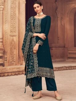 Blue Palazzo Style Georgette Suit In Zari Embroidery