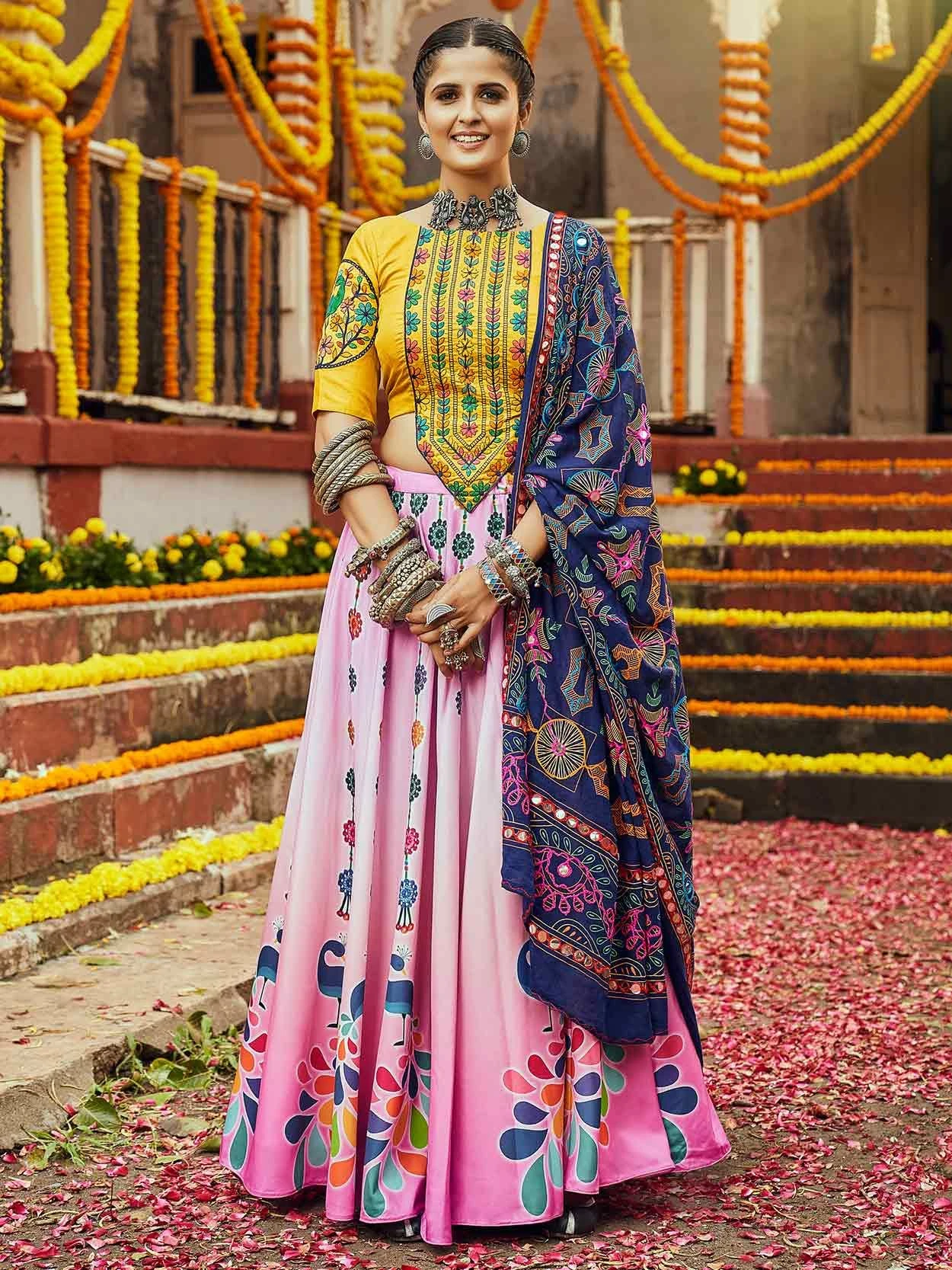 Pink Printed Navaratri Lehenga Choli In Cotton 3 Pink Printed Navaratri Lehenga Choli In Cotton